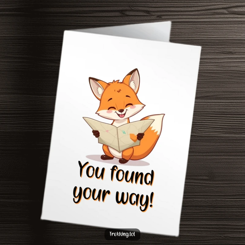 Funny free printable congratulations card: A cheerful fox with a grin consults a large, unfolded map, celebrating a successful journey.