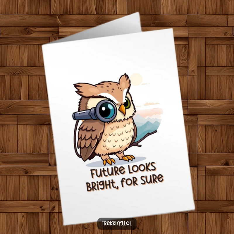 Funny Free Printable Congratulations Card with a curious owl using binoculars to spot a distant peak, celebrating achievement.
