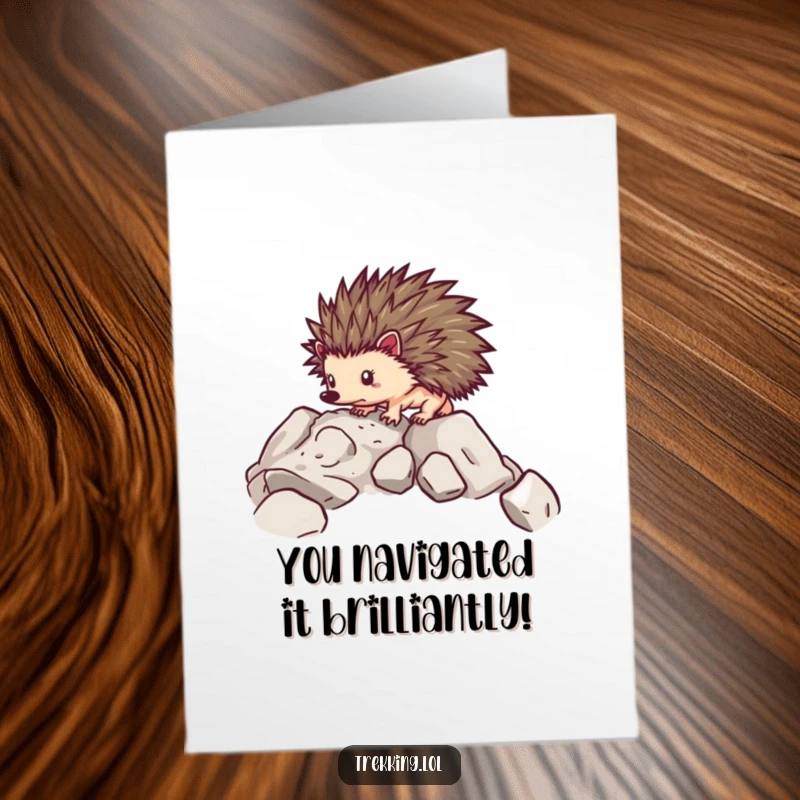 Funny free printable congratulations card: a determined hedgehog thoughtfully makes its way across rocky ground.