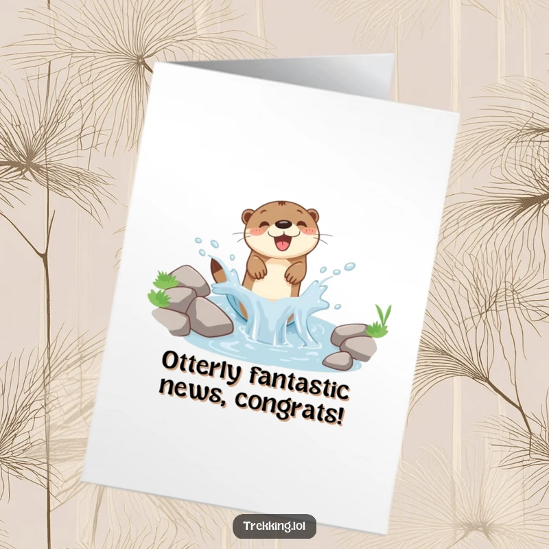 Funny Free Printable Congrats Card: Joyful otter celebrating a big achievement, splashing happily in a clear stream.