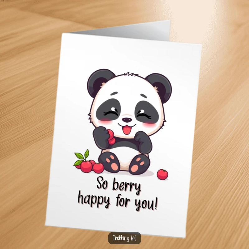 Funny Free Printable Panda Congratulations Card featuring a giggling panda savoring berries, embodying pure, unadulterated joy over a recent accomplishment.