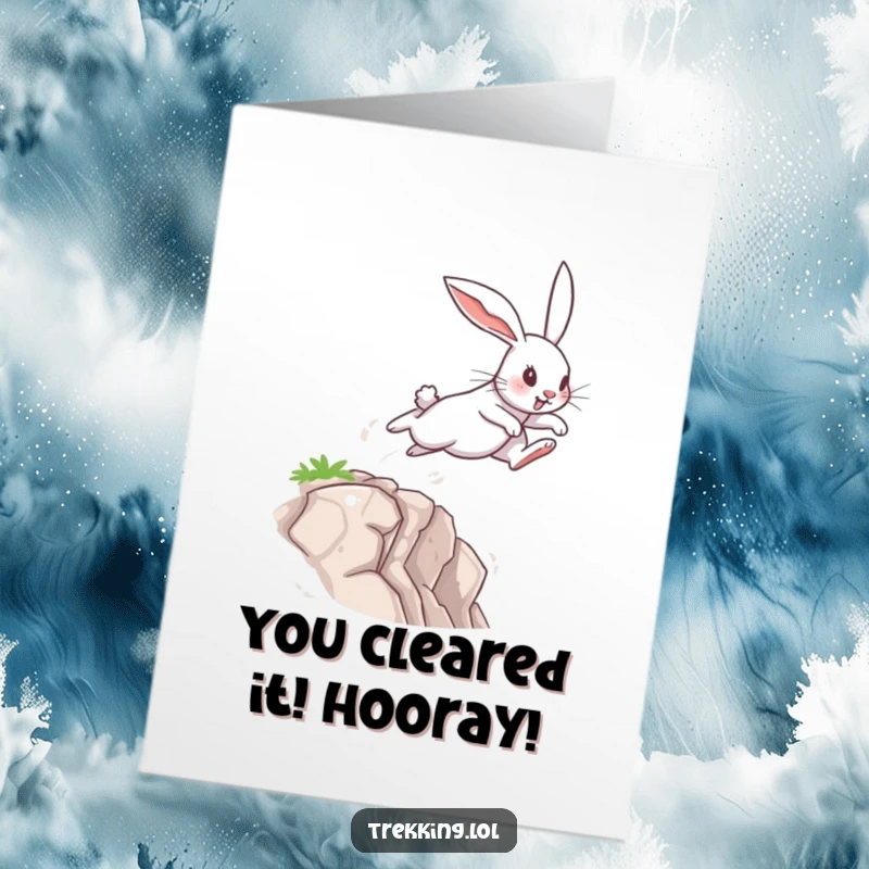 Funny Free Printable Congratulations Card depicting a determined rabbit leaping heroically across a chasm.