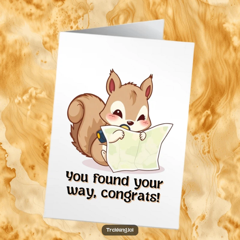 Funny Free Printable Congratulations Card: Curious squirrel peering at a map with a headlamp, signifying a clever discovery. Humorous downloadable.