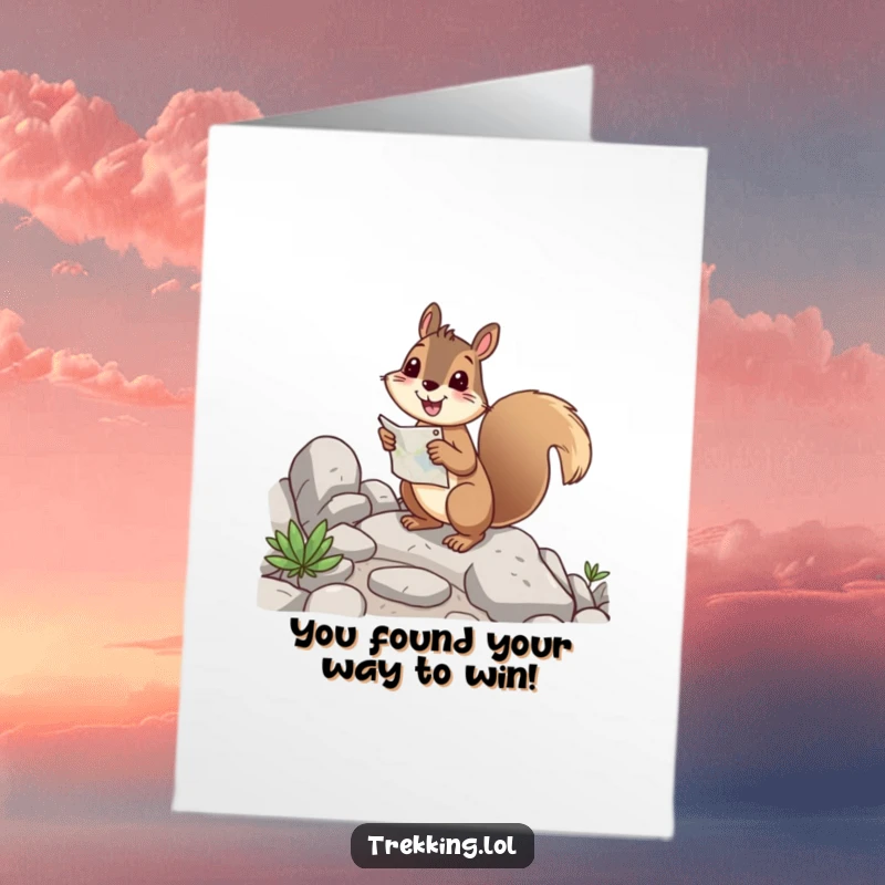 Funny free printable congratulations card: a cheerful squirrel happily navigating a rocky path with a map, representing success.