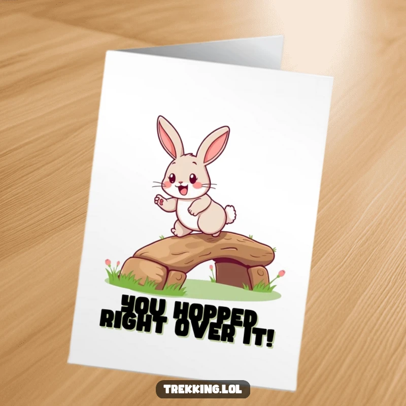 Funny Free Printable Congratulations Card: Happy Rabbit Grinning, Leaping Over Bridge, Celebrating Achievement!
