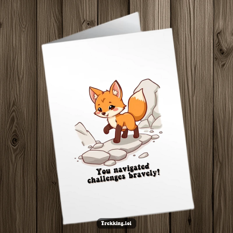 Funny Free Printable Congratulations Card: A happy fox cub confidently navigates a rocky path, symbolizing achievement and resilience.