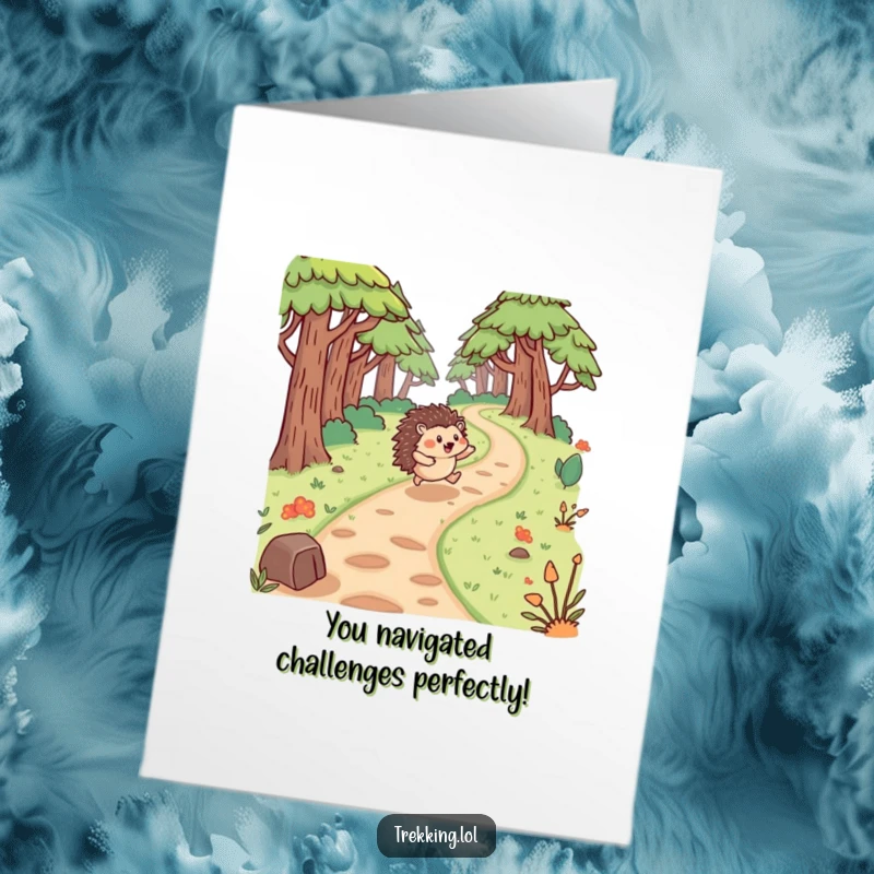 Funny Free Printable Congratulations Card: An ecstatic hedgehog bounces with glee while navigating a twisty forest trail.
