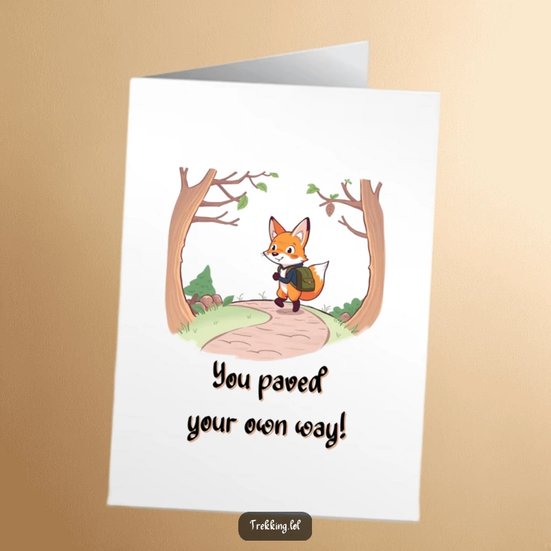 Funny Free Printable Congratulations Card: Determined Fox with Backpack Cheerful, Navigating Towards Success!