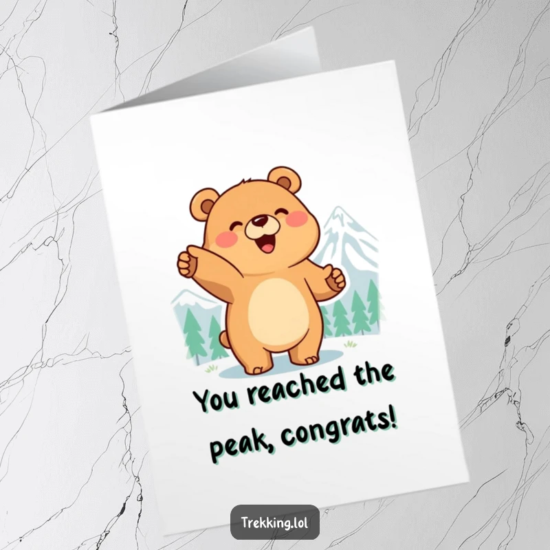 Funny Free Printable Congratulations Card: Smiling bear pointing excitedly at a distant mountain peak, celebrating a major accomplishment. A humorous downloadable.
