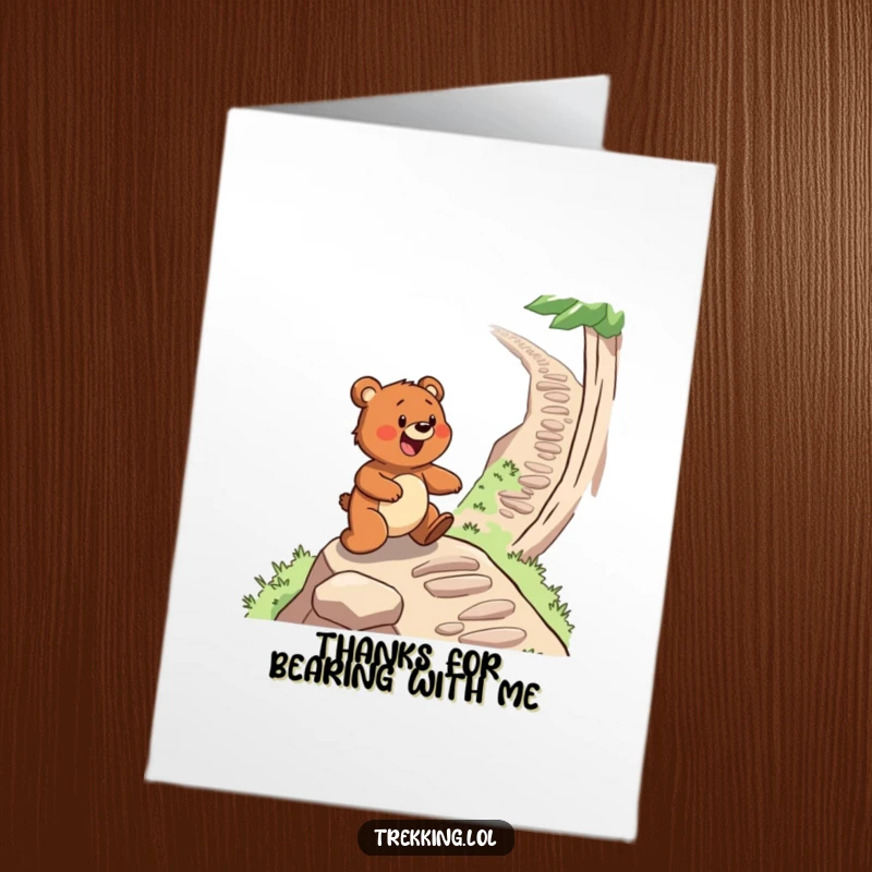 Funny Free Printable Thank You Card: A determined bear climbing a winding path, a humorous way to say thank you.