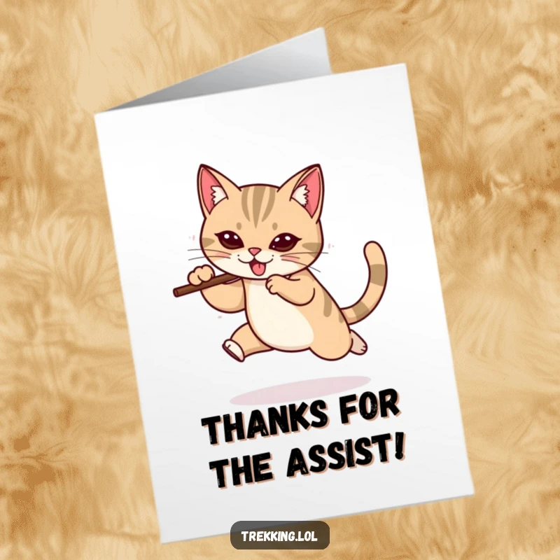 Funny Free Printable Thank You Card: Determined cat leaping with a walking stick, a humorous downloadable gift of thanks.