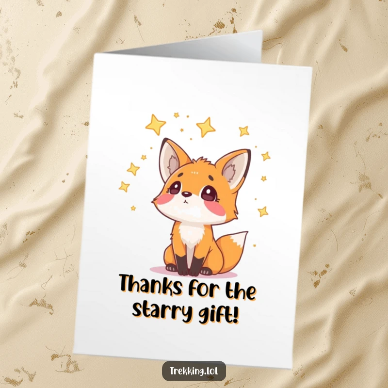 Funny Free Printable Thank You Card: Curious fox looks up with wonder at stars, expressing heartfelt thanks.
