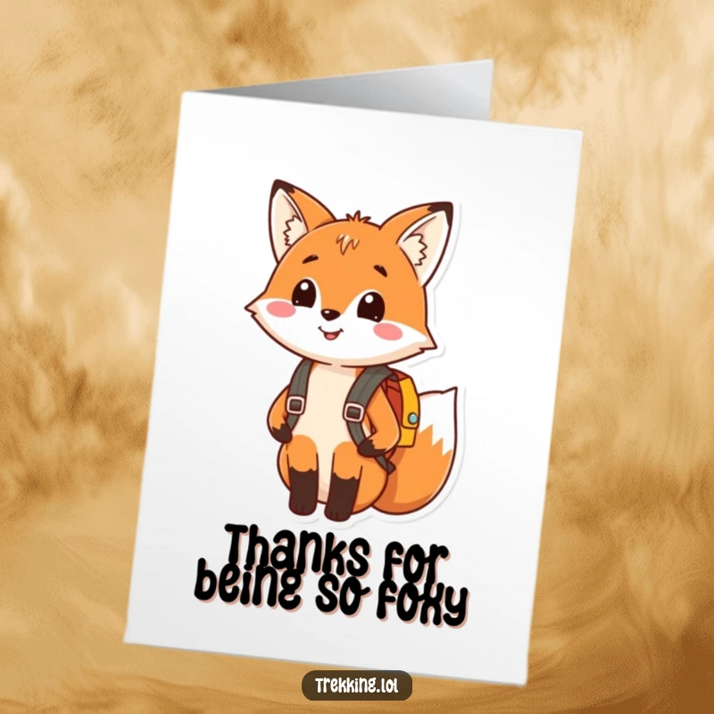 Funny Free Printable Thank You Card: A happy fox with a tiny backpack, offering a cute and humorous thank you.
