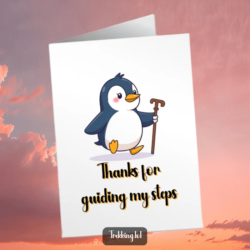 Funny Free Printable thank you card featuring a playful penguin waddling enthusiastically with a walking stick, showing thanks.