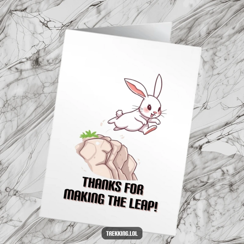 Funny Free Printable Thank You Card of a determined rabbit executing a powerful leap over a gap.