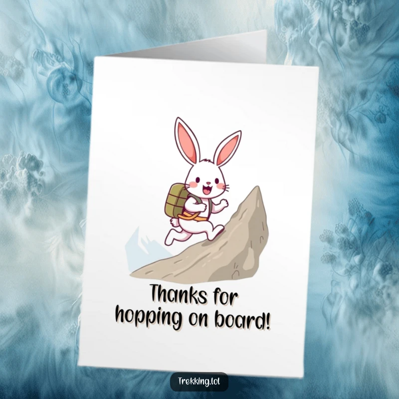 Funny free printable thank you card: a happy bunny with a backpack skipping up a steep mountain, symbolizing journey.