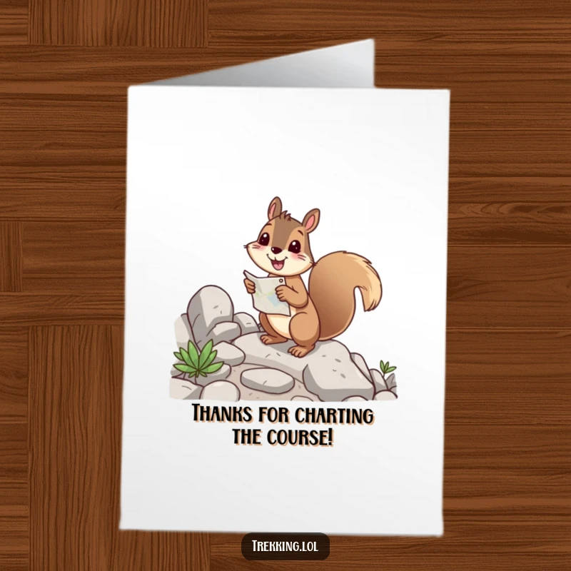 Funny free printable thank you card: a cheerful squirrel happily navigating a rocky path with a map, showing guidance.