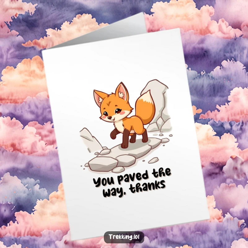Funny Free Printable Thank You Card: A cheerful fox cub confidently strides on a rocky path, expressing thanks for guidance.