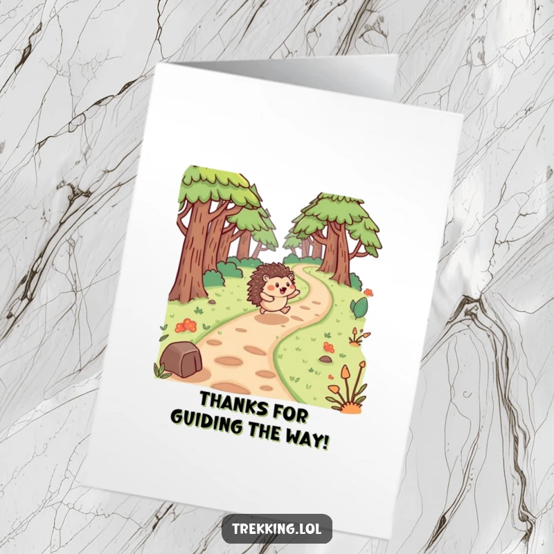 Funny Free Printable Thank You Card: A cheerful hedgehog bounces ecstatically down a winding path through a vibrant forest.