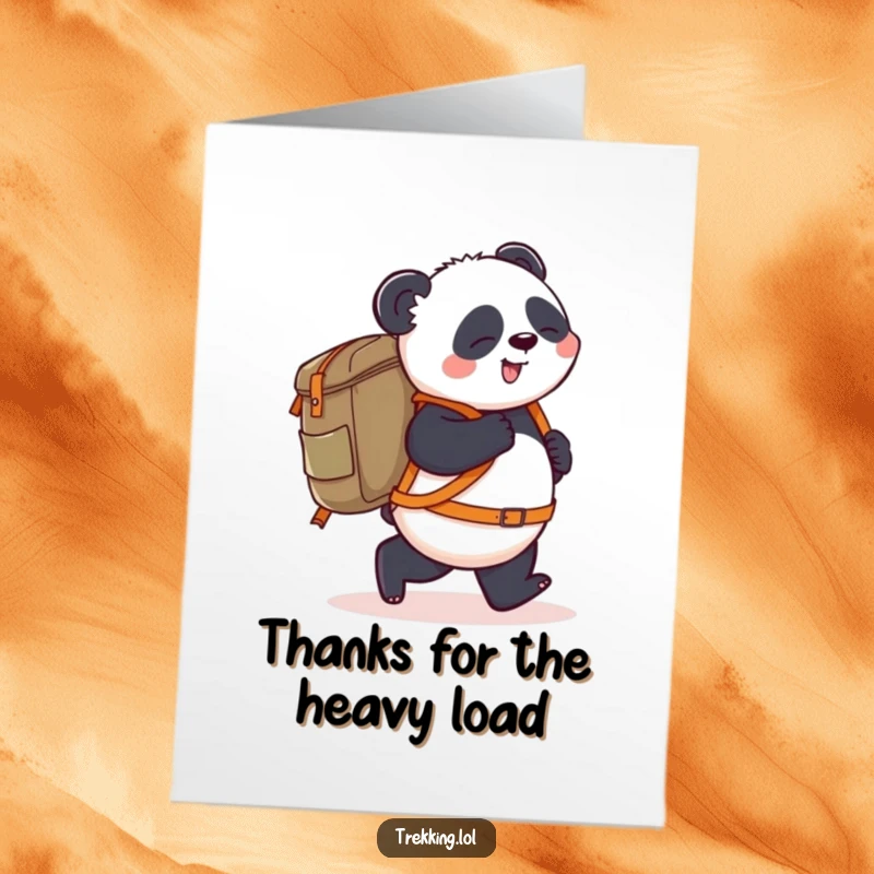 Funny Free Printable Thank You Card: Playful Panda Stumbling Slightly with a Giant Backpack of Gratitude!