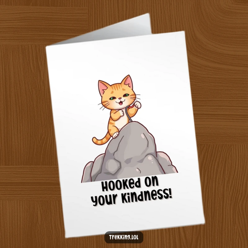 Funny Free Printable Thank You Card: Adventurous cat on a rock, using a grappling hook to express thanks.