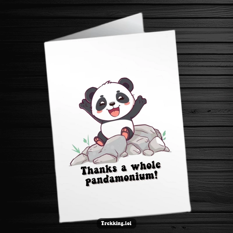 Funny Free Printable Thank You Card: Panda joyfully tackling a rocky path, symbolizing gratitude for overcoming challenges.