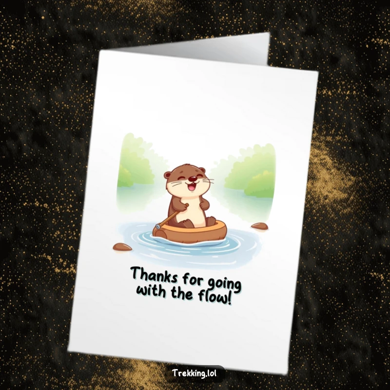 Funny free printable thank you card: a giggling otter joyfully paddling a tiny raft down a river, expressing thanks.