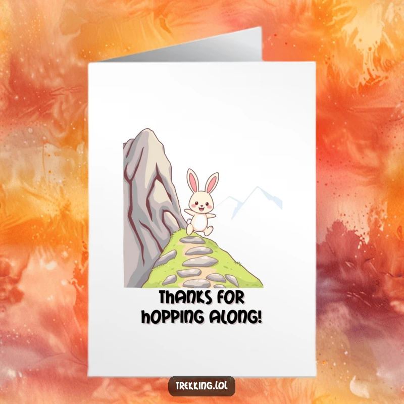 Funny Free Printable Thank You Card: Cheerful bunny skipping up a mountain path, conveying gratitude with humor. An easy DIY thank you.