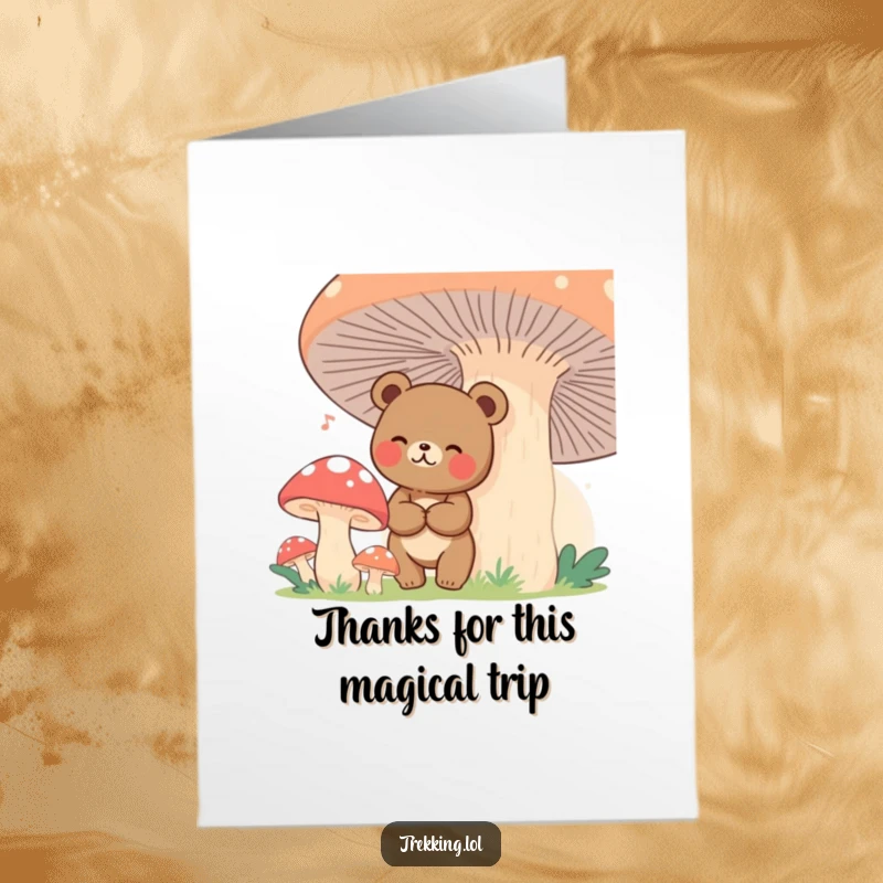 Funny Free Printable thank you card featuring a giggling bear looking happy and lost among giant mushrooms.