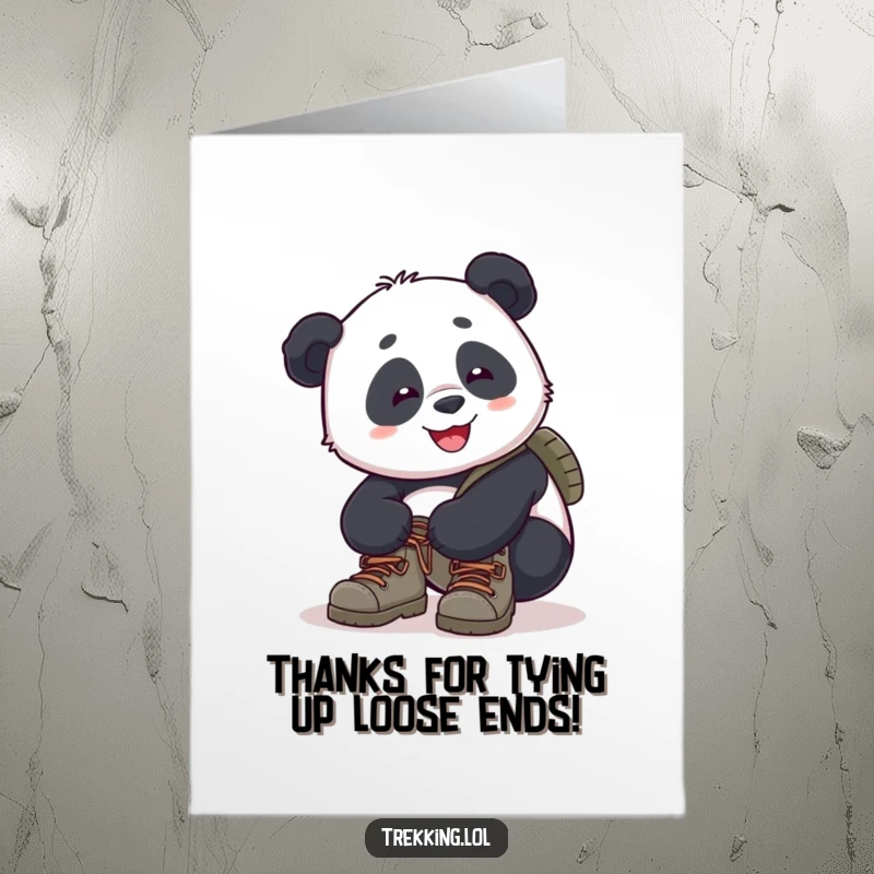 Funny Free Printable Thank You Card: A happy panda is shown smiling while diligently trying to tie its hiking boot laces.