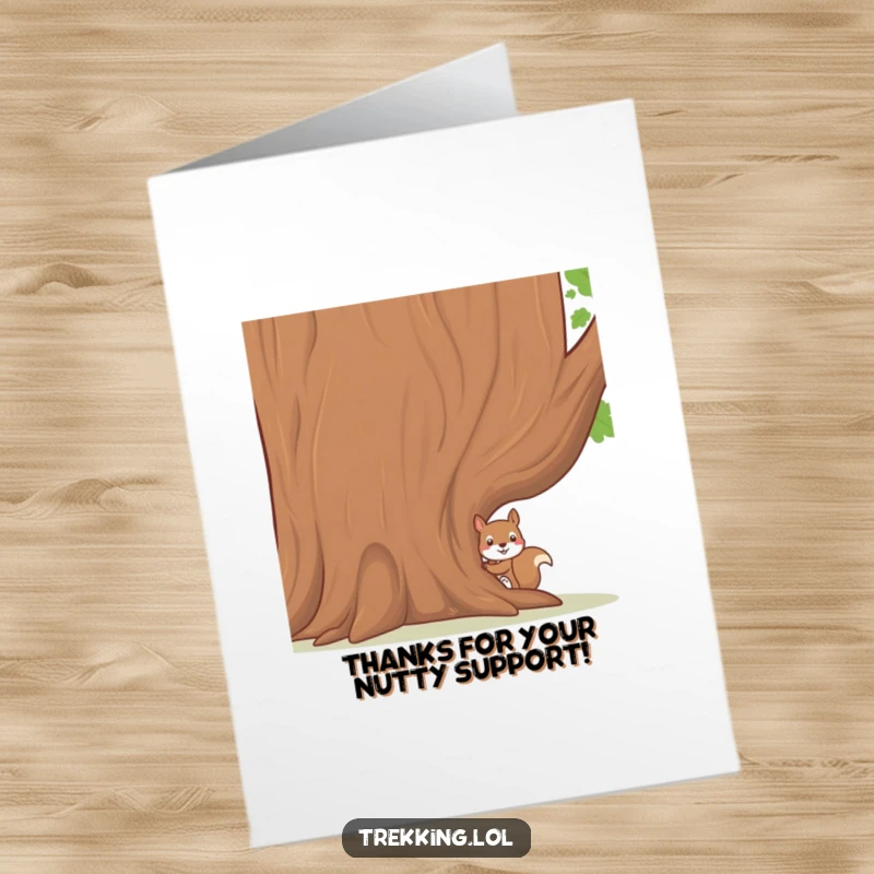 Funny Free Printable Thank You Card: A shy squirrel secretly observes from behind a large tree, conveying a heartfelt thanks.