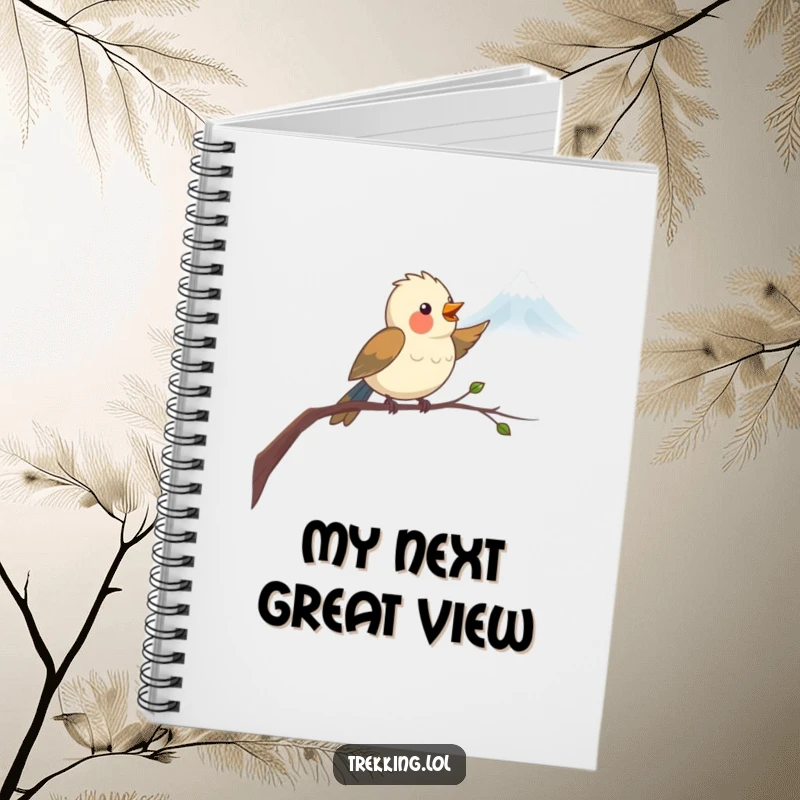 Funny Notebook with a delighted bird on a branch, pointing towards a distant mountain, ideal for jotting down ideas with a humorous touch.