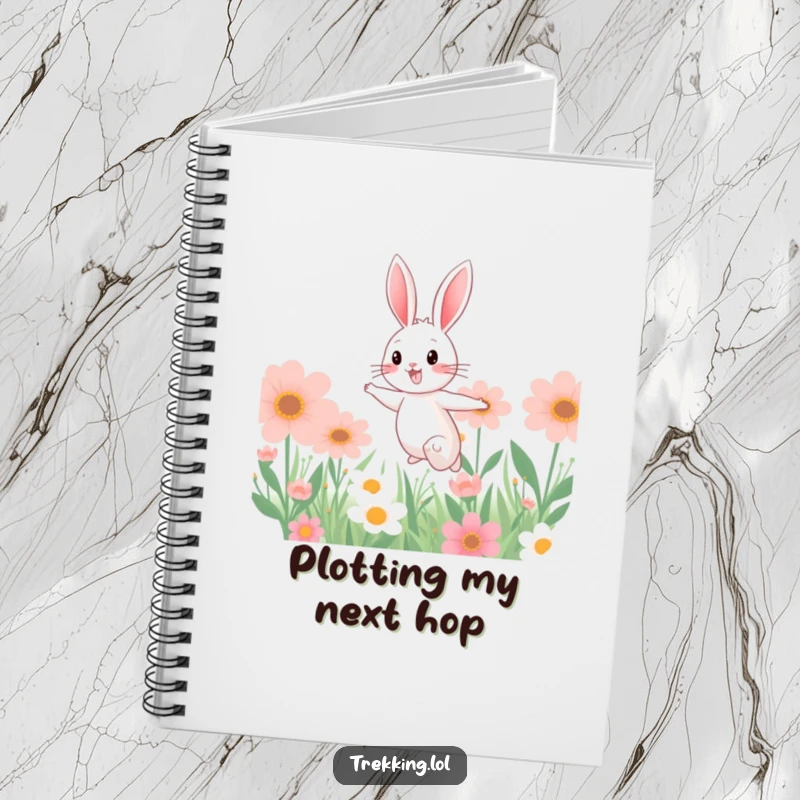 Funny notebook with a cheerful bunny hopping through a field of oversized flowers, designed for capturing bright ideas and happy thoughts.