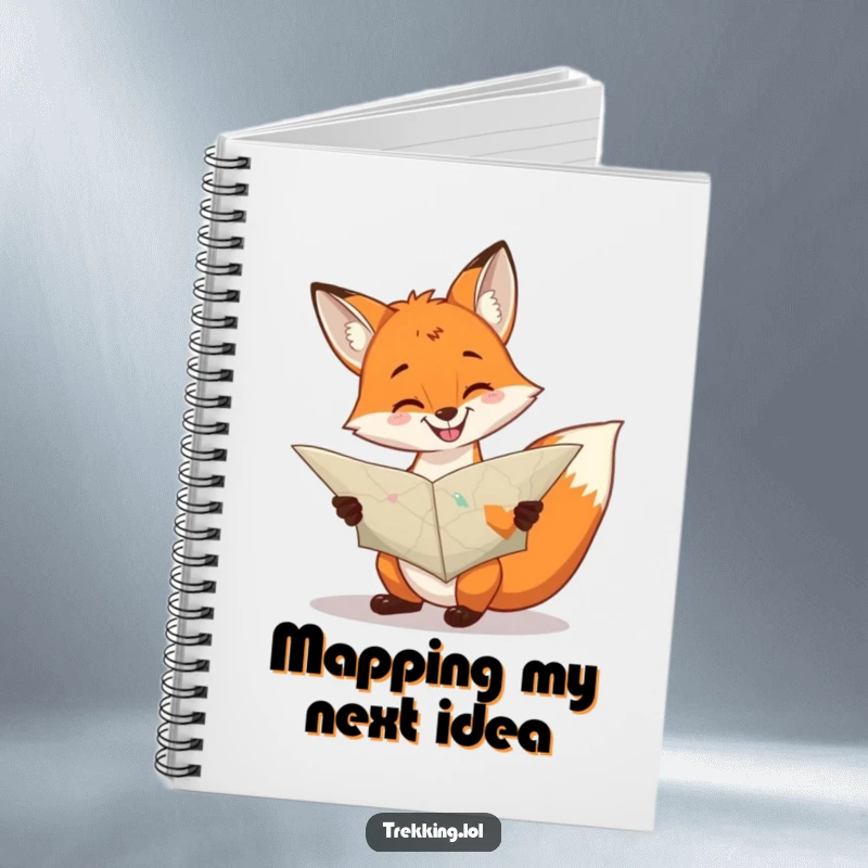 Funny cheerful fox consulting a large, unfolded map with a grin on a notebook, humorous stationery.