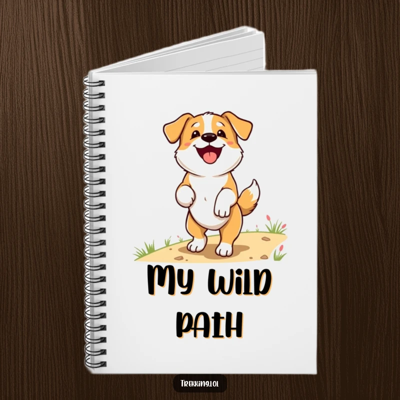 Funny Notebook featuring a delighted dog panting happily with tail wagging on a trail, ideal for jotting down notes and outdoor plans.