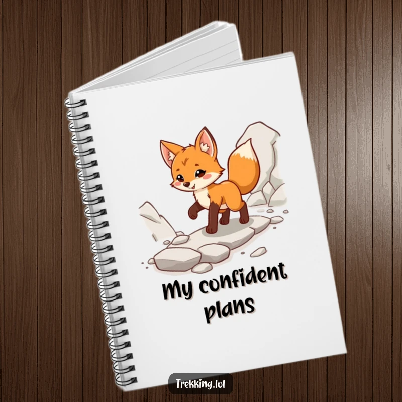 Funny fox cub notebook, confidently striding along a rocky path, perfect for planning adventures and journeys.