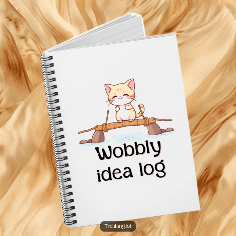 Funny notebook cover with a giggling cat character crossing a precarious rope bridge, inspiring witty notes.