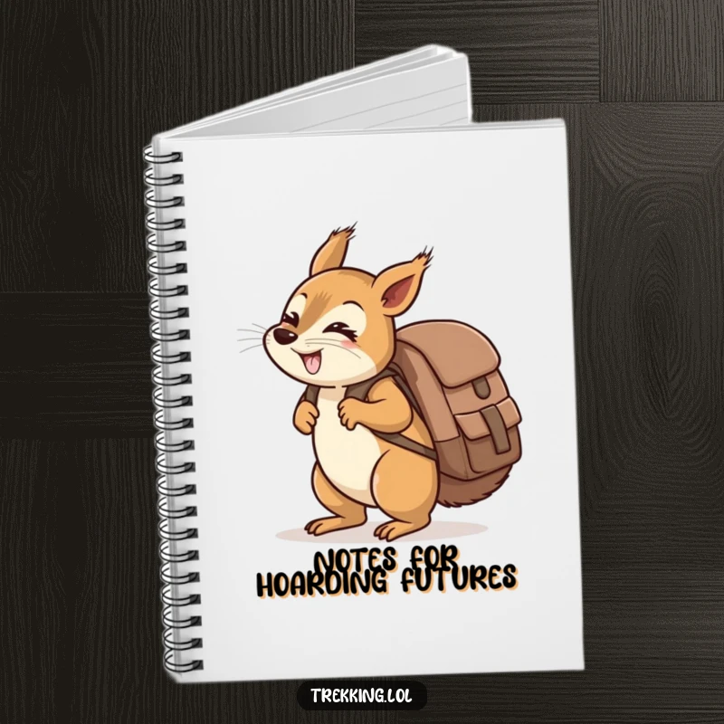 Funny giggling squirrel carrying a ridiculously oversized backpack uphill on a notebook, humorous stationery.