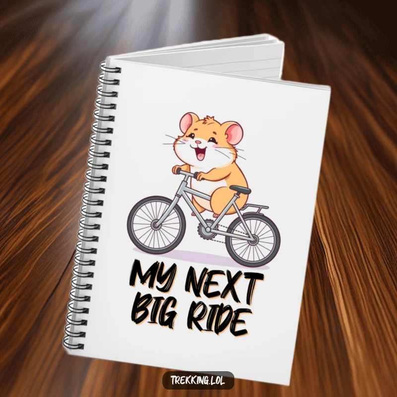 Funny Notebook with a giggling hamster pedaling a bicycle uphill, designed for jotting down notes and funny thoughts during challenging tasks.