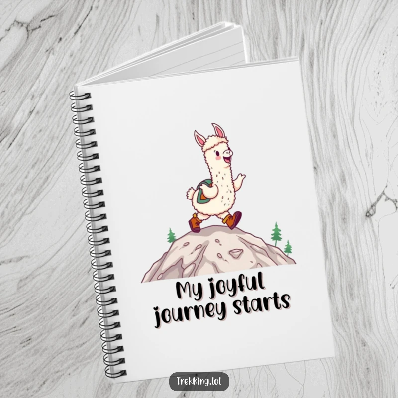 Funny happy alpaca wearing hiking boots, joyfully skipping up a mountain on a notebook, cheerful stationery.