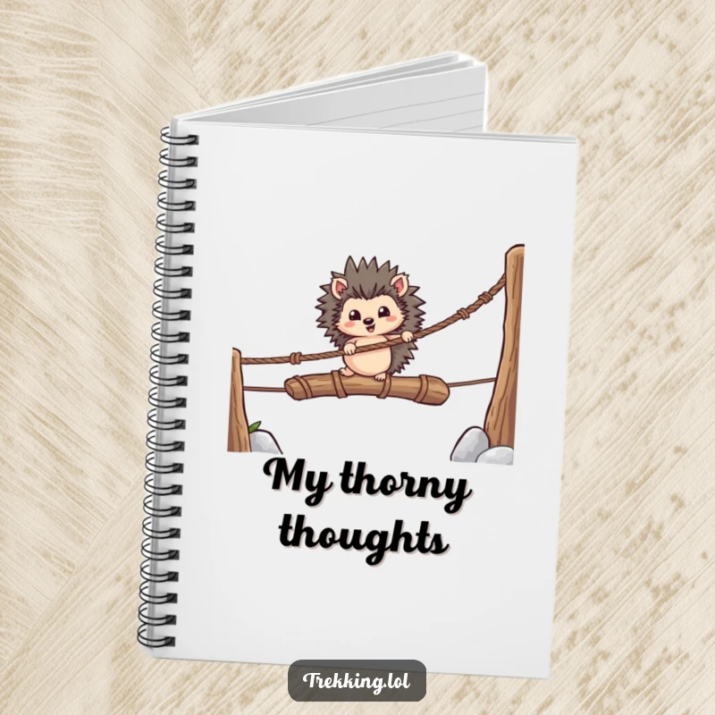 Funny notebook cover featuring a brave hedgehog carefully navigating a rope bridge, inspiring bold note-taking and planning.