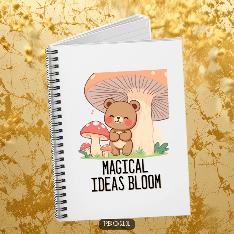 Funny bear character lost among giant mushrooms, on the cover of a notebook, great for writing.