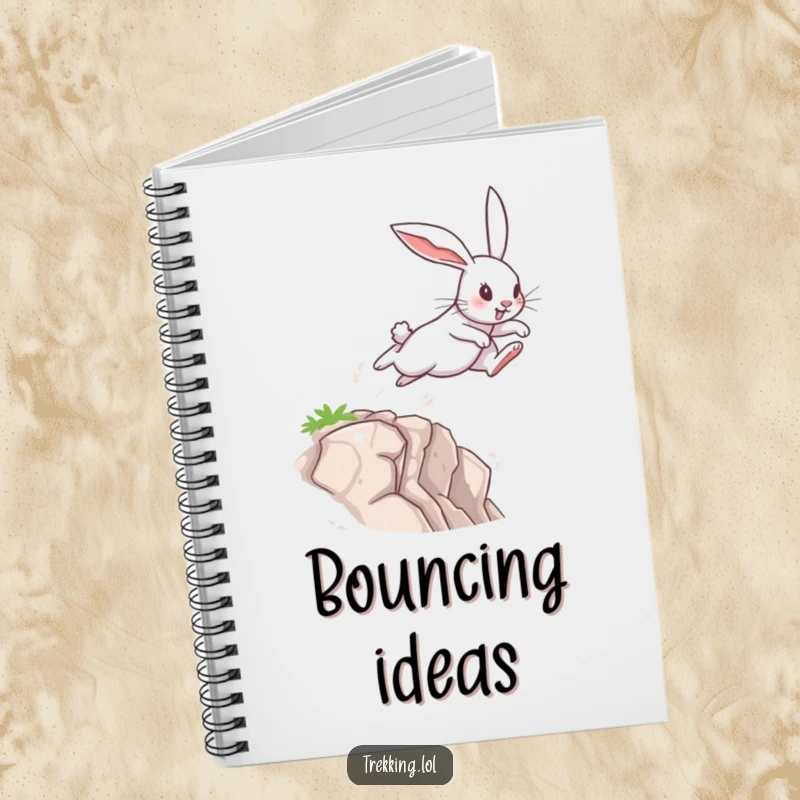 Funny Notebook featuring a determined rabbit leaping across a small chasm, ideal for writing down bold ideas and courageous plans.