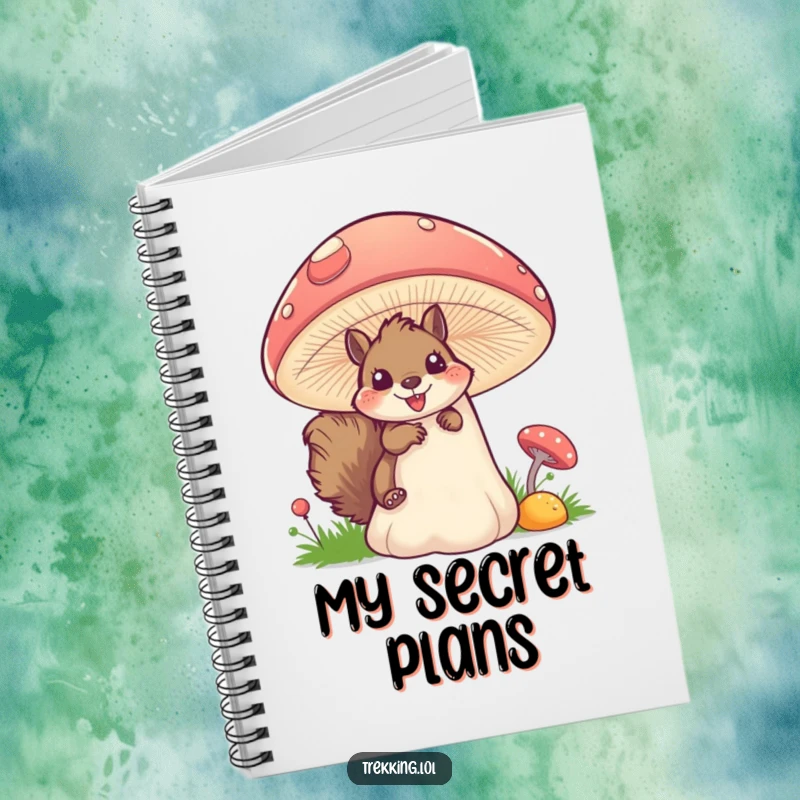 Funny squirrel mushroom notebook featuring a fluffy squirrel peeking excitedly from behind a large, colorful mushroom, perfect for journaling.