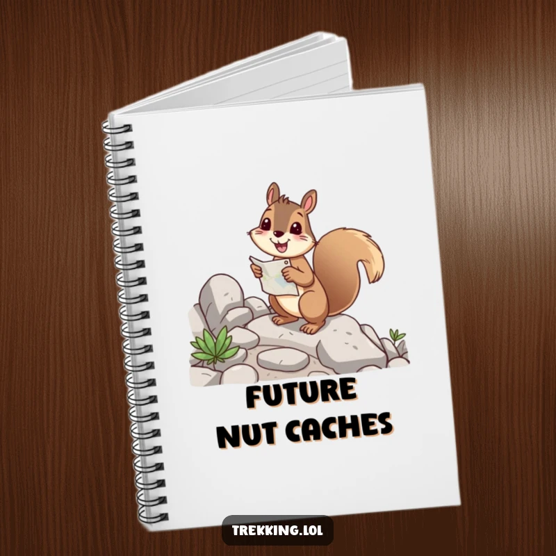 Funny squirrel notebook showing a cheerful squirrel with a map, happily navigating a rocky path, perfect for notes.