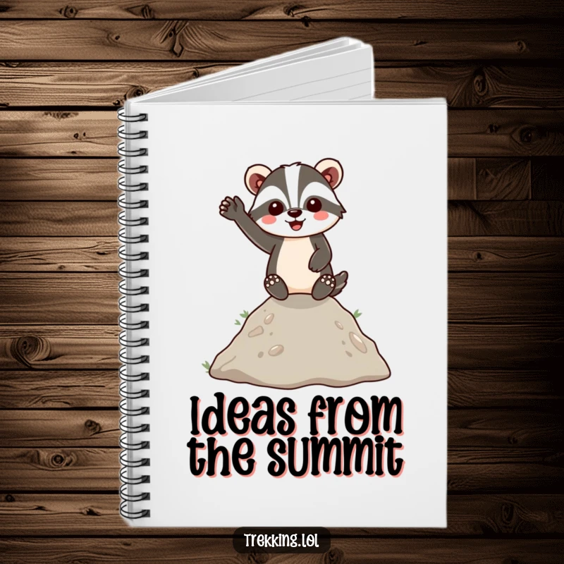 Funny Notebook featuring an energetic badger waving from a small hill, ideal for writing notes with a cheerful and humorous flair.