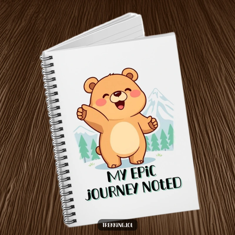 Funny notebook featuring a smiling bear pointing at a mountain peak, ideal for jotting down dreams and adventure plans.