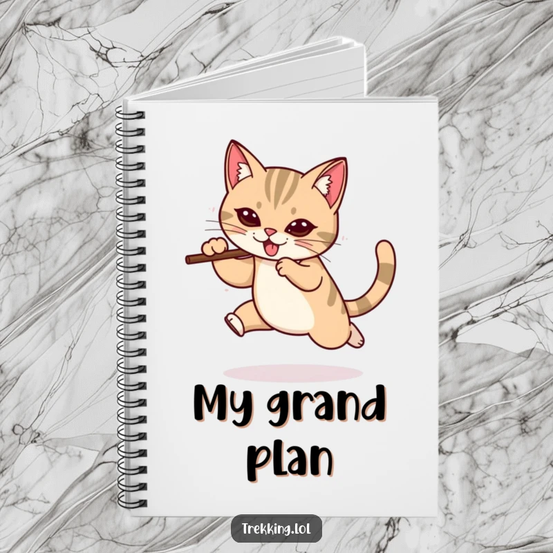 Funny notebook featuring a determined cat leaping with a walking stick, ideal for jotting down ideas with a humorous and adventurous spirit.