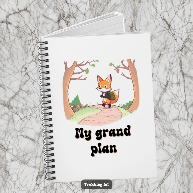 Funny fox backpacking notebook featuring a determined fox with a backpack cheerfully navigating a winding path, perfect for jotting notes.