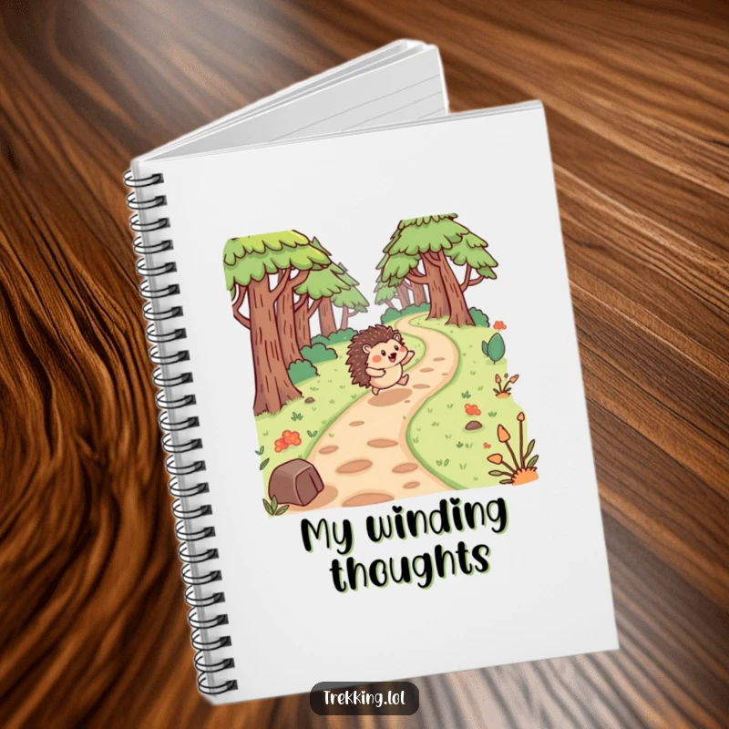 Funny hedgehog notebook cover art of a hedgehog bouncing energetically along a winding forest path, full of joy.